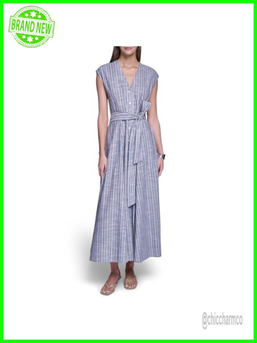 Cotton Sleeveless Striped Maxi Shirt Dress with Belt
